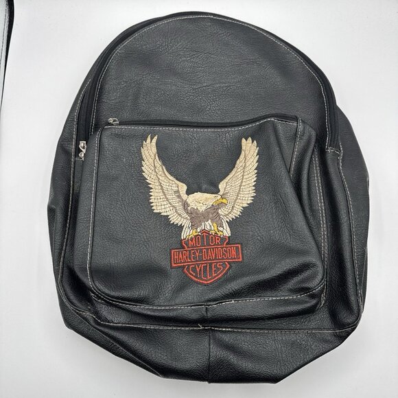 Vintage Harley Davidson Leather Backpack Embroidered Logo Eagle Shield - Picture 1 of 10